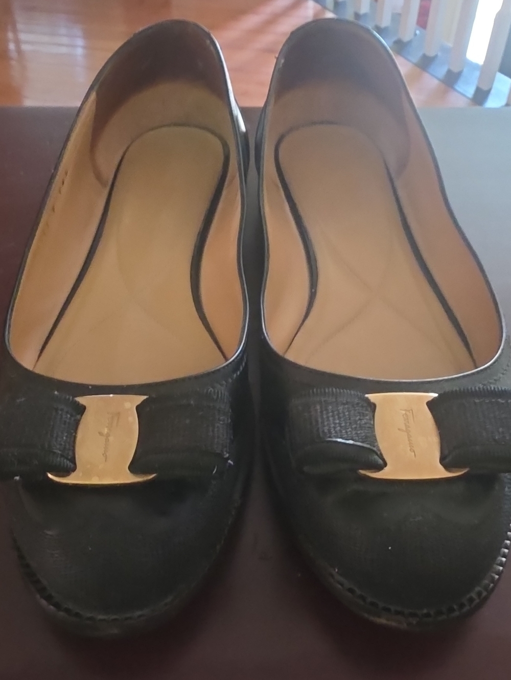 Salvatore Ferragamo Black Vara Bow Flats with Gold Plaque